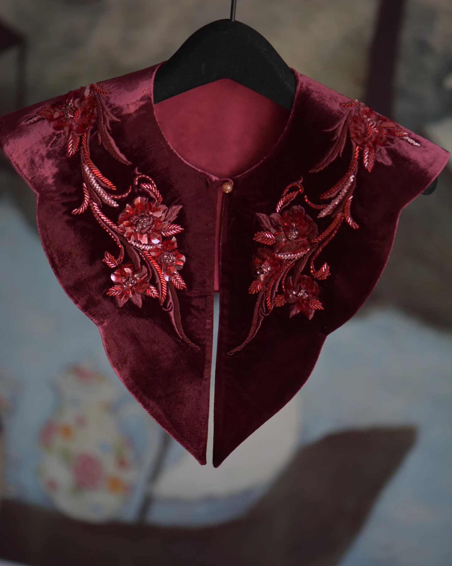 Burgundy Floral Yunjian — Front view