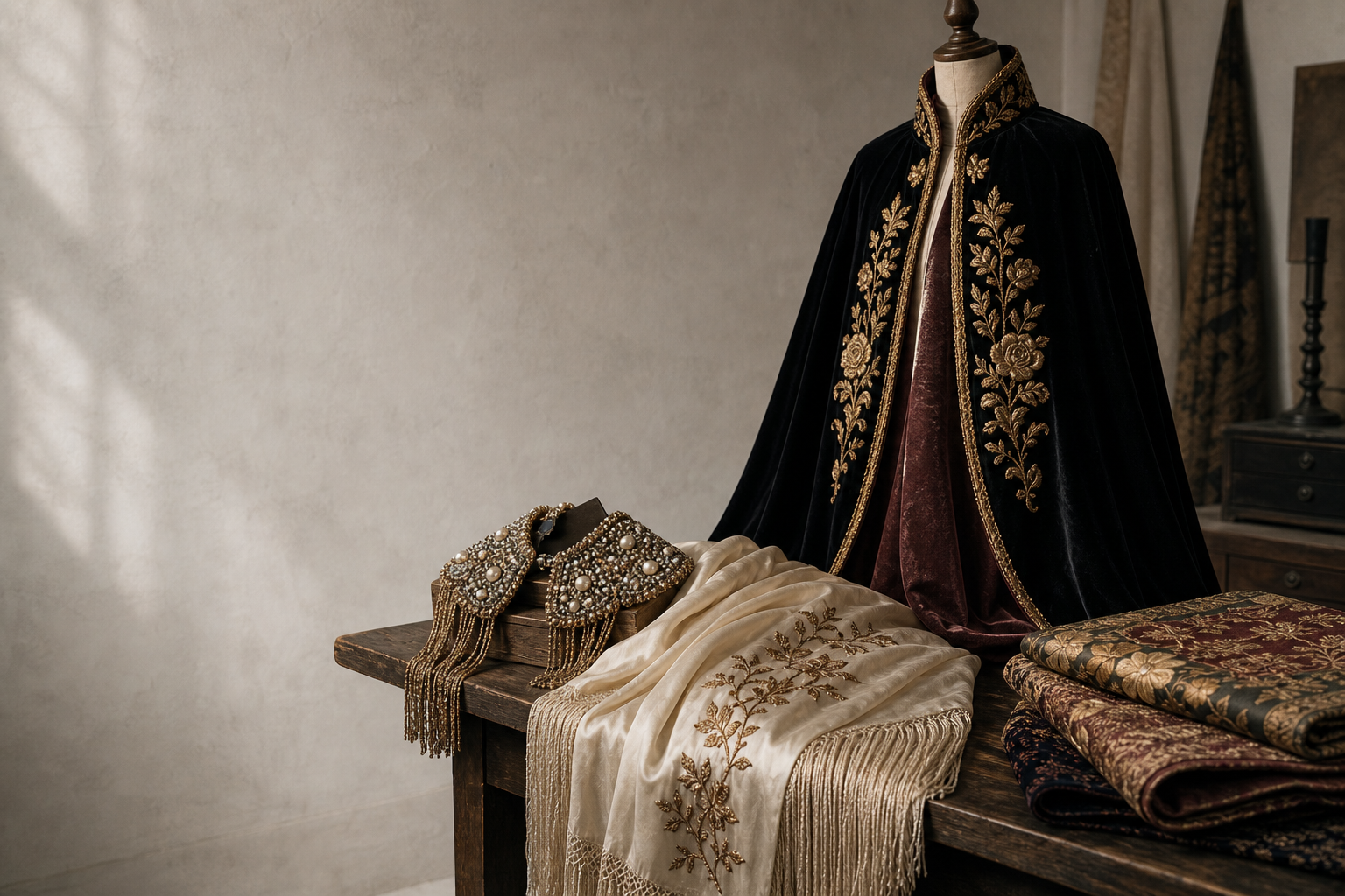 Editorial still life of couture textile pieces with embroidered cape, beaded collar, fringed shawl, and folded fabrics