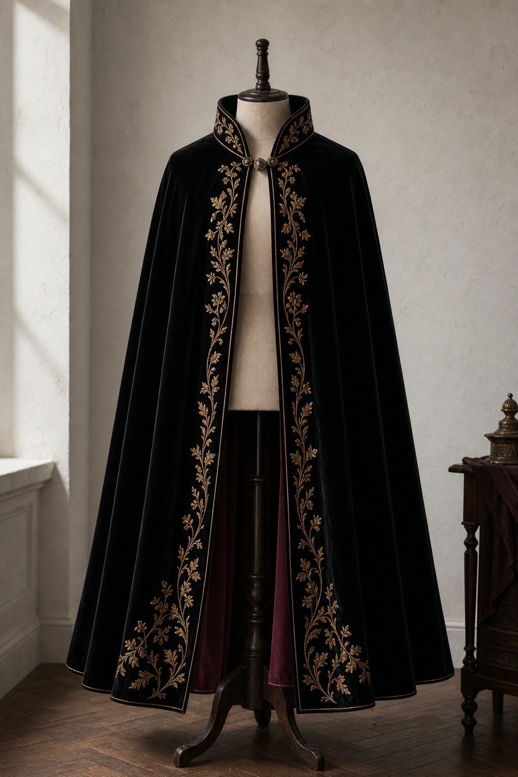 Editorial image of a black velvet embroidered cape on a dress form